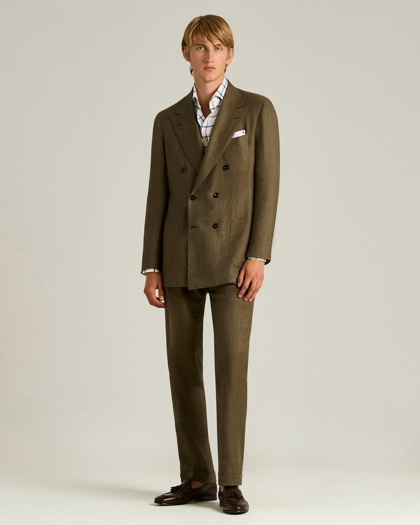 BROWN LINEN, WOOL AND SILK BLEND DOUBLE-BREASTED SUIT